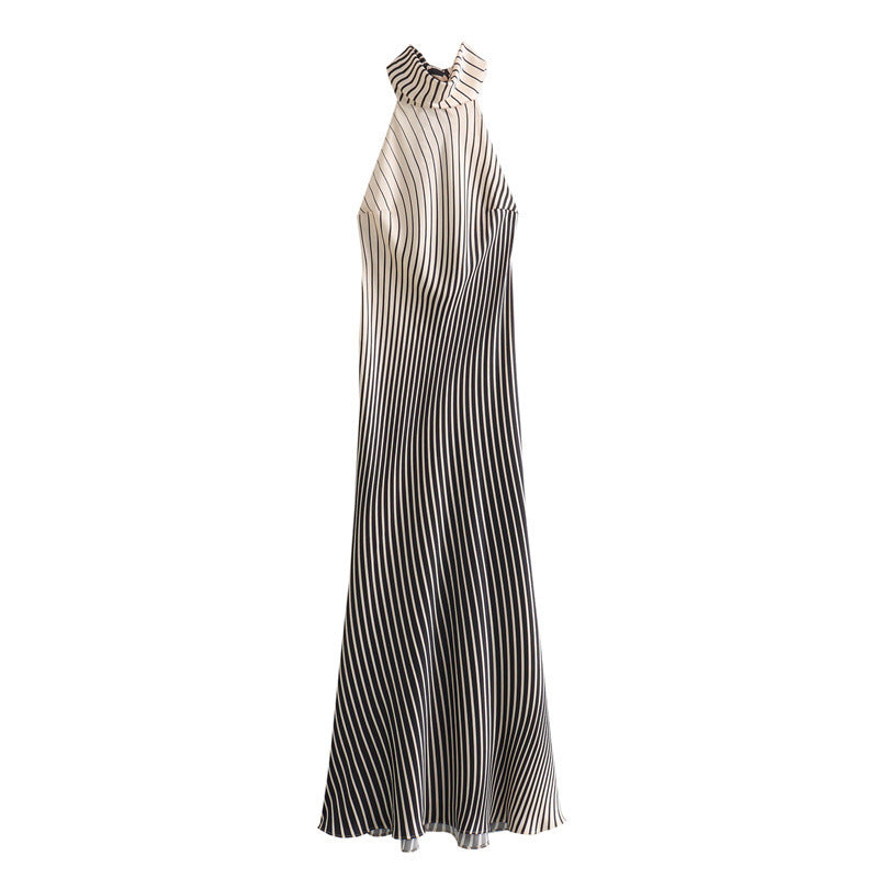 European And American Style Silk Satin Texture Stripes Backless Long Dress