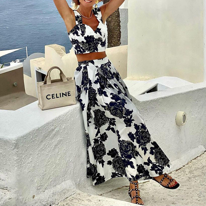 Fashion Printed Suspenders Top And Skirt Two-piece Set