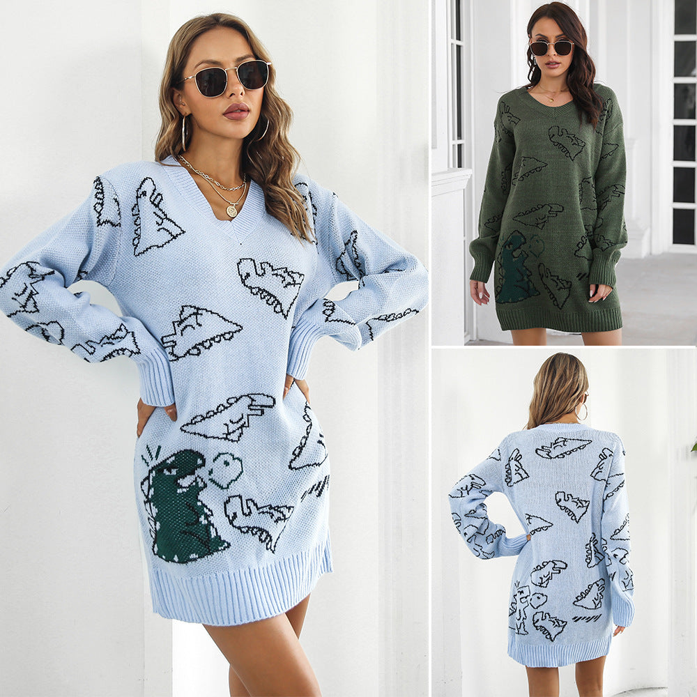 Cute Dinosaur Cartoon Jacquard V-neck Long Sleeve Sweater Dress Women's Loose Knitted Dress Autumn And Winter