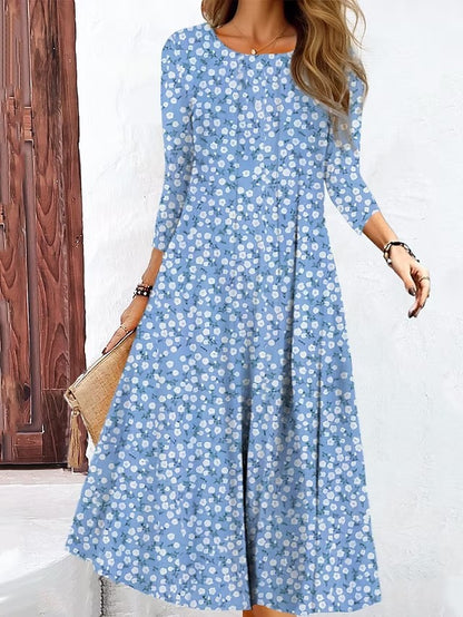 Printed Long Sleeve Round Neck Mid-length Dress