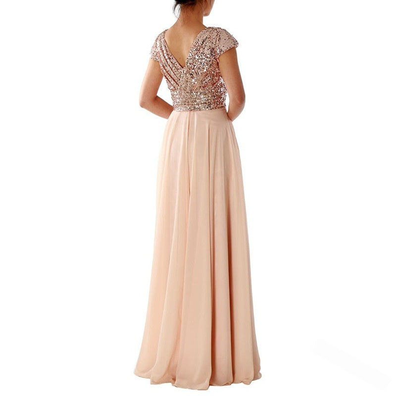 European And American Women's Sleeveless Dress V-neck Sequins Elegant Chiffon Stitching Evening Dress