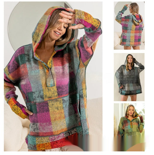 Fashion Color Plaid Hooded Pullover Fleece Sweater Women's Clothing