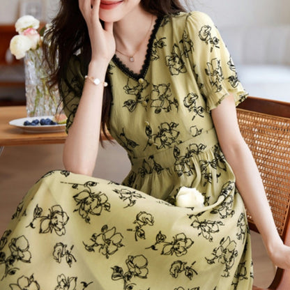 V-neck Patchwork All-match Texture Chiffon Flocking Dress