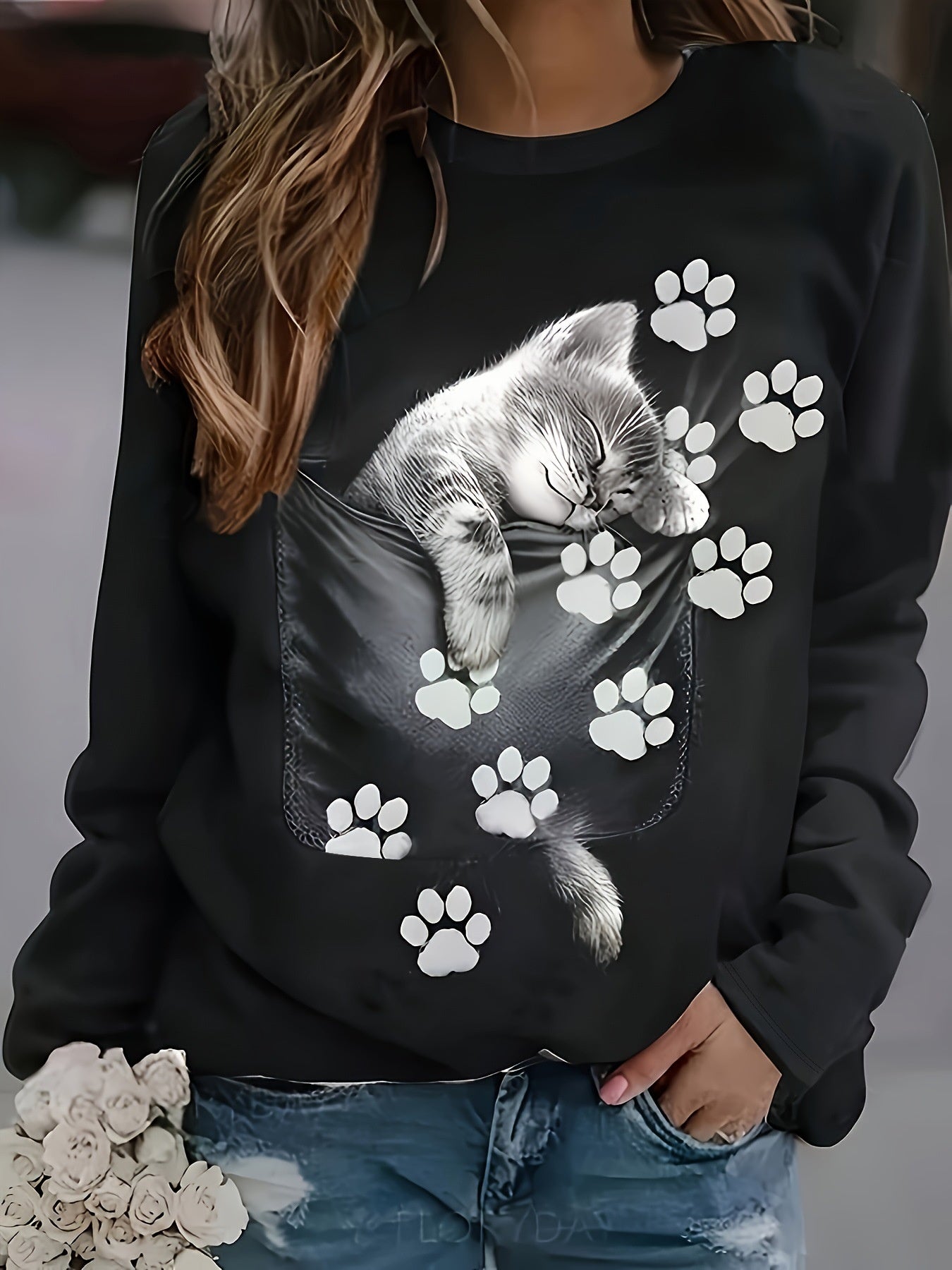 Printed Round Neck Long Sleeve Plus Size Casual Hoodie