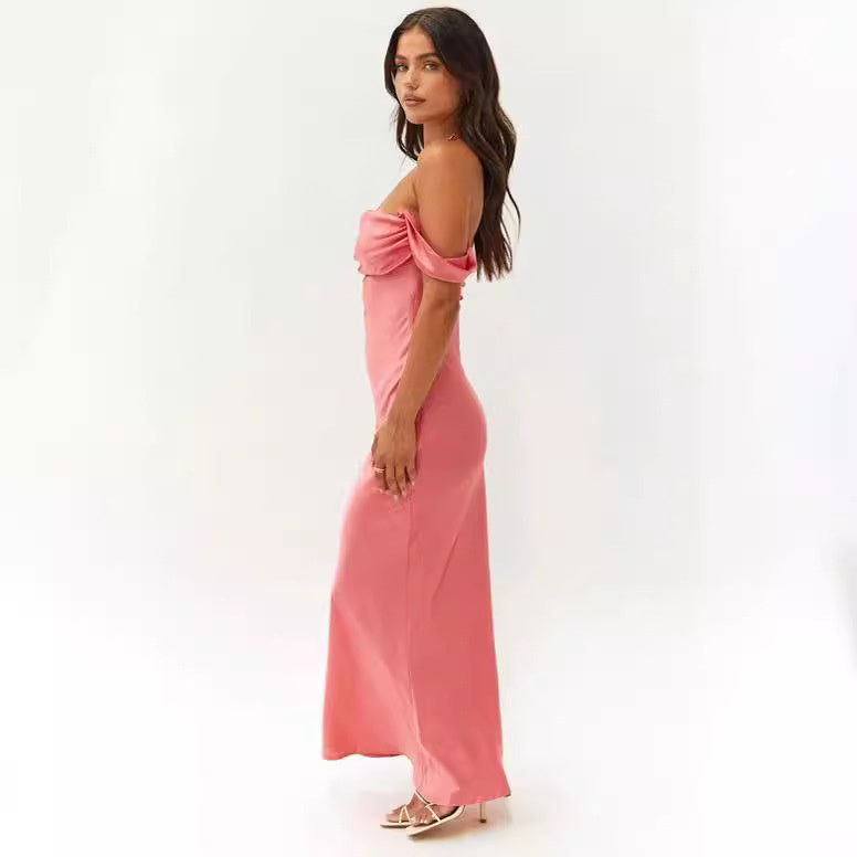 Robe longue en satin à épaules dénudées pour femme