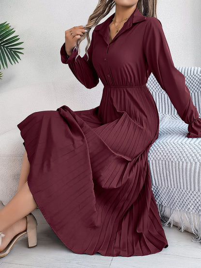 European And American Autumn And Winter Leisure Lapel Button Long Sleeve Cinched Pleated Dress