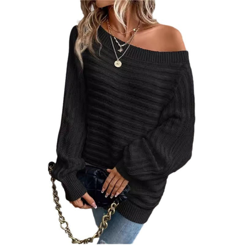 Off-neck Horizontal Pattern Sunken Stripe Pullover Knitted Top