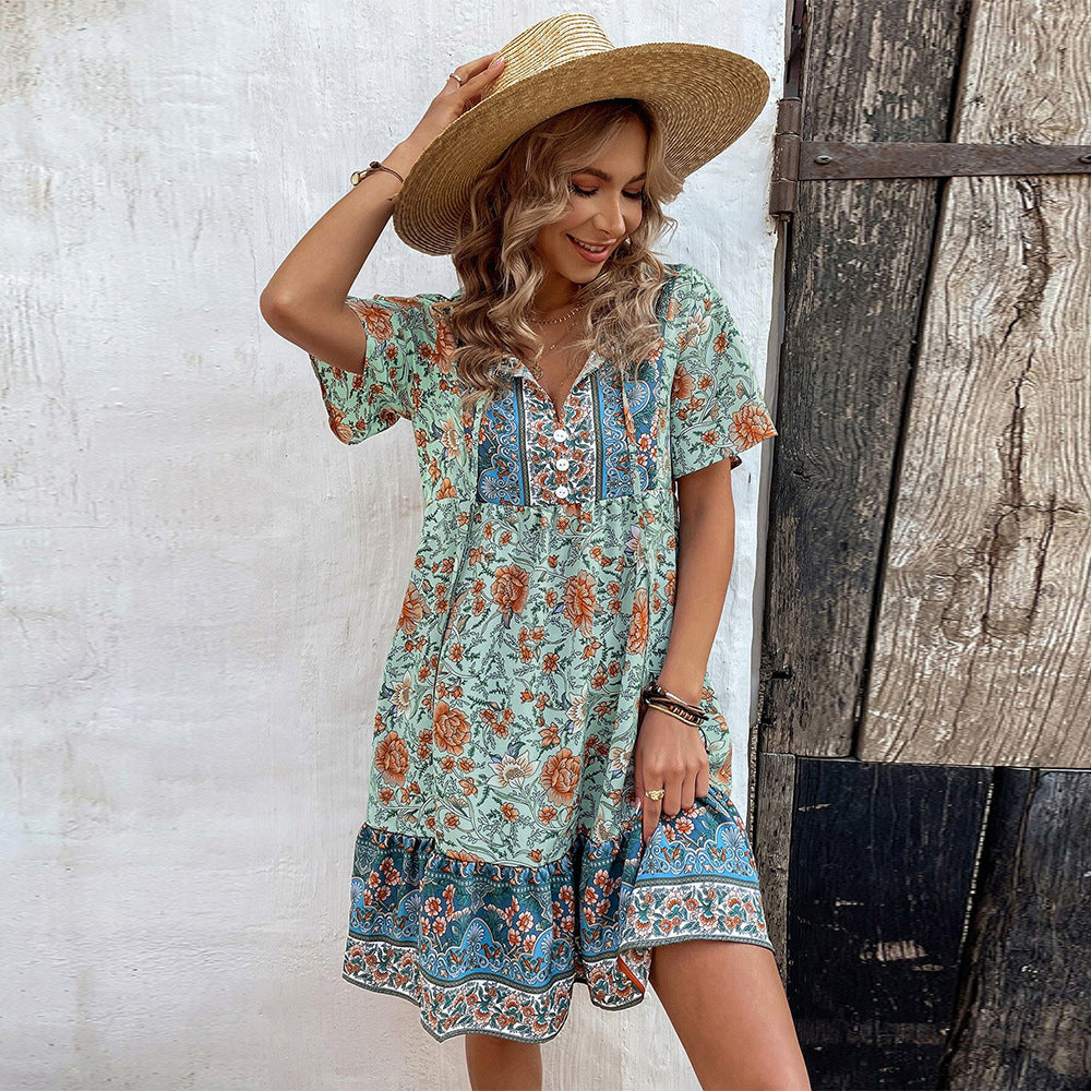 Vestido de vacaciones bohemio informal, holgado, con escote en V y flores pequeñas, estilo europeo y americano