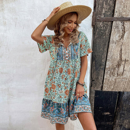 European And American Small Floral V-neck Loose Casual Bohemian Vacation Style Dress