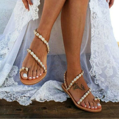 Sandalias de mujer Mules Boho Zapatos de playa Rhinestone Encaje Abalorios Zapatillas planas