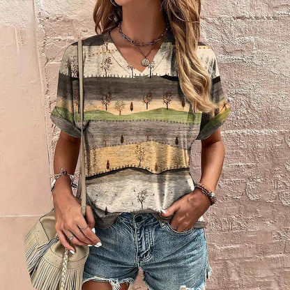 Camiseta informal con cuello en V y estampado de rayas estilo Harajuku para mujer