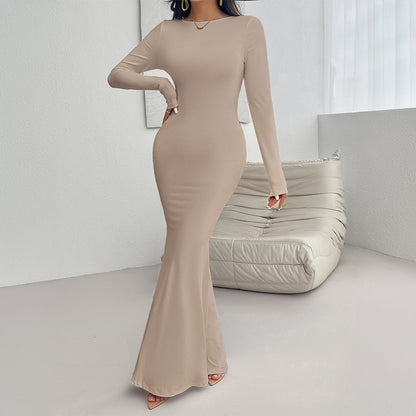 Slim Round Neck Solid Color Long Sleeve Dress