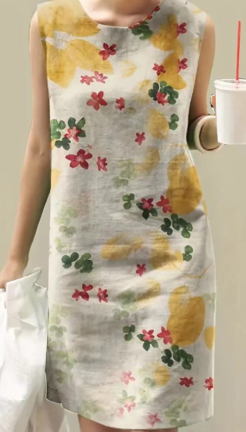 Women's Vintage Floral Print Round Neck Sleeveless Dress