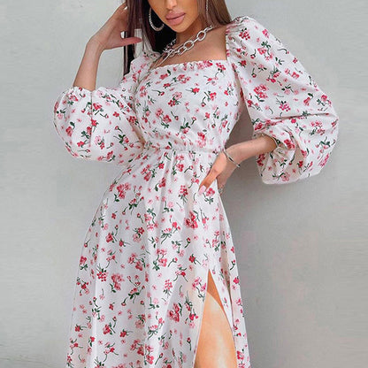 Elegant Printed Lantern Sleeve Split Dress Women