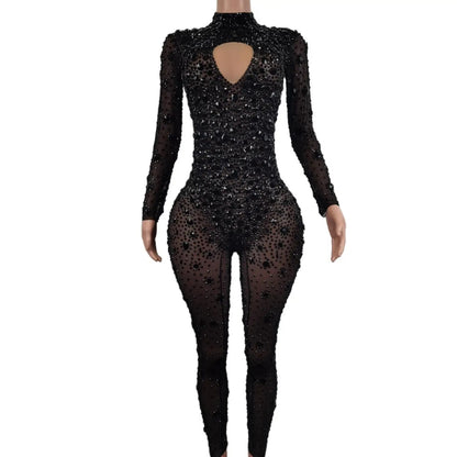 Nightclub Bar Party Sheer Cutout Rhinestone Jumpsuit