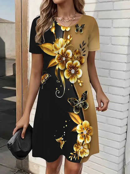 Elegance Retro Printing Digital 3D Printing Round Neck Short Sleeve A- Line Dress