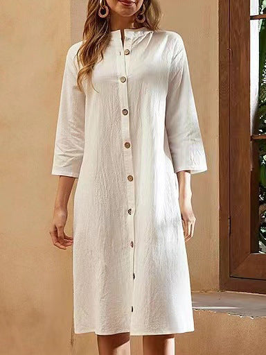 Stand-up Collar 34 Sleeve Shirt Button Casual Dress