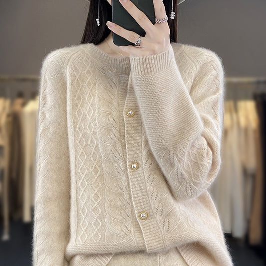 Round Neck Pure Wool Knit Cardigan Women's Long Sleeve Casual Simple