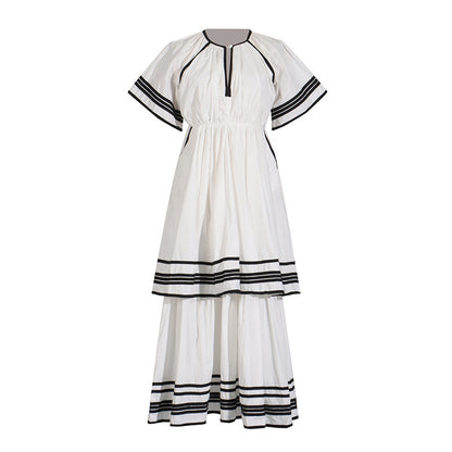 French Style Summer Tail Round-neck Flared Sleeves Lace-up Waist Solid Color Stripes Patchwork Long Dress Dress Women