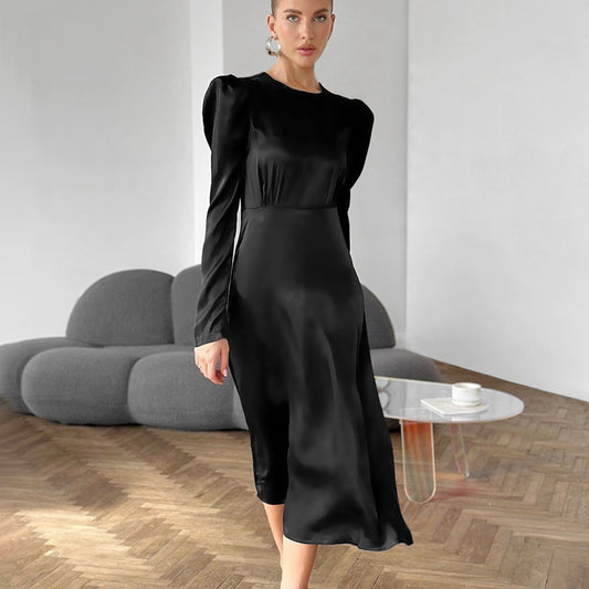 Satin Round Neck Puff Sleeve Dress