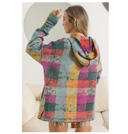 Fashion Color Plaid Hooded Pullover Fleece Sweater Women's Clothing