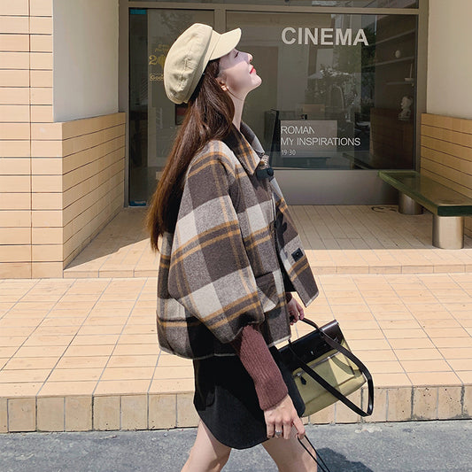 Casual Plaid Short Design Sense Thick Woolen Coat Women