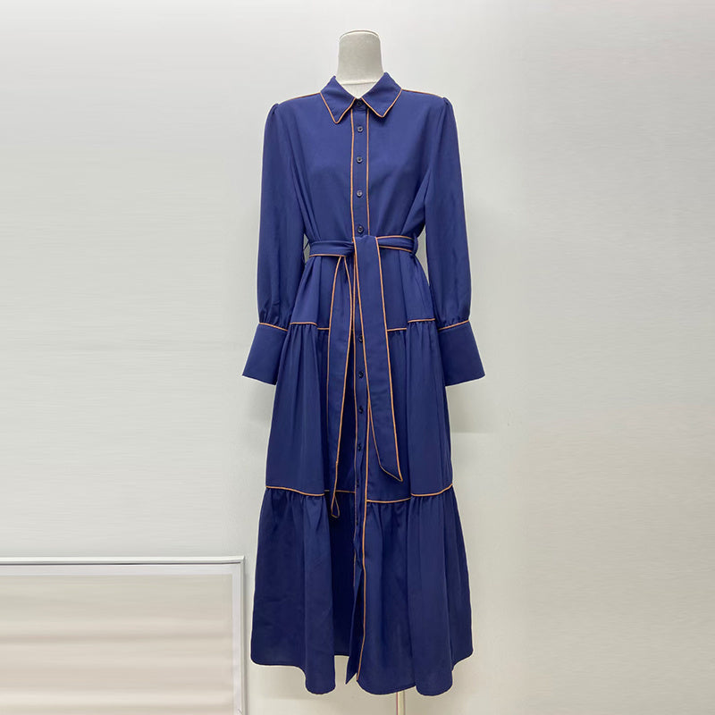 Robe élégante à rayures de couleur unie pour femme, style rétro simple, nouveau col polo, manches bouffantes, taille haute