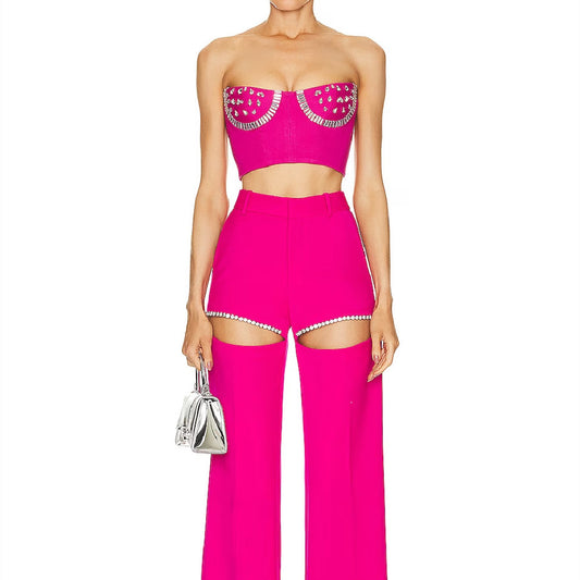 Rhinestone Short Tube Top Hollow Personality Cropped Pants Set