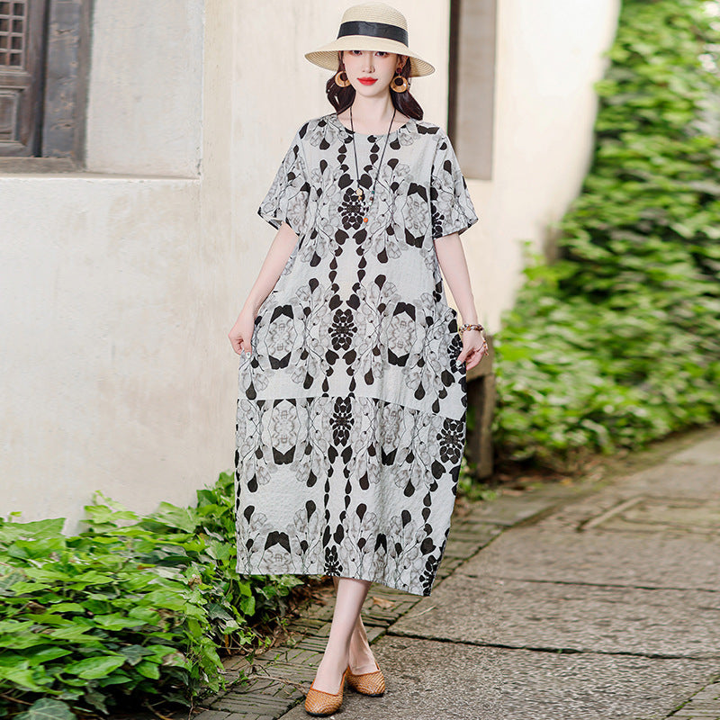 Vestido informal versátil de algodón y lino con estampado floral para mujer