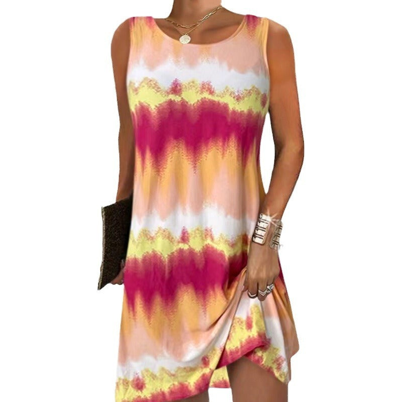 Simple Style Round Neck Edge Printed Gradient Sleeveless Zipper Pullover Vest Dress