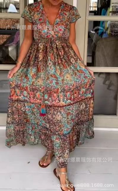 Wear Short Sleeve V-neck High Waist Long Dress