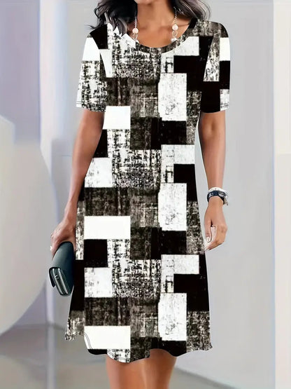 Elegance Retro Printing Digital 3D Printing Round Neck Short Sleeve A- Line Dress