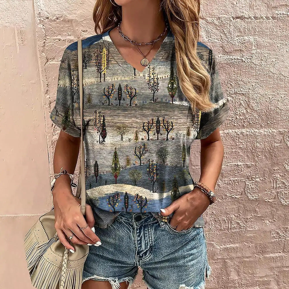 Camiseta informal con cuello en V y estampado de rayas estilo Harajuku para mujer