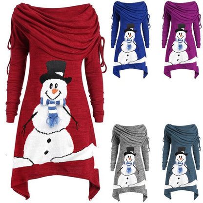 Women's Snowman Printed Pleated Collar Irregular Drawstring Dress