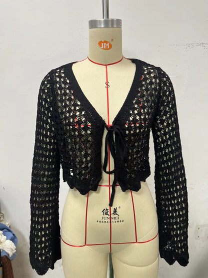 Nouveau cardigan décontracté à manches longues évasées et à col en V avec protection solaire