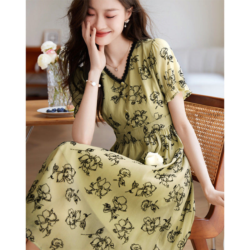 V-neck Patchwork All-match Texture Chiffon Flocking Dress