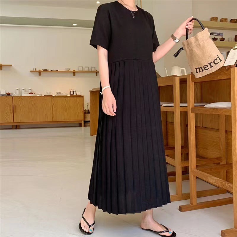 Loose Slimming Short Sleeve Chiffon Pleated Long Elegant Lady Dress