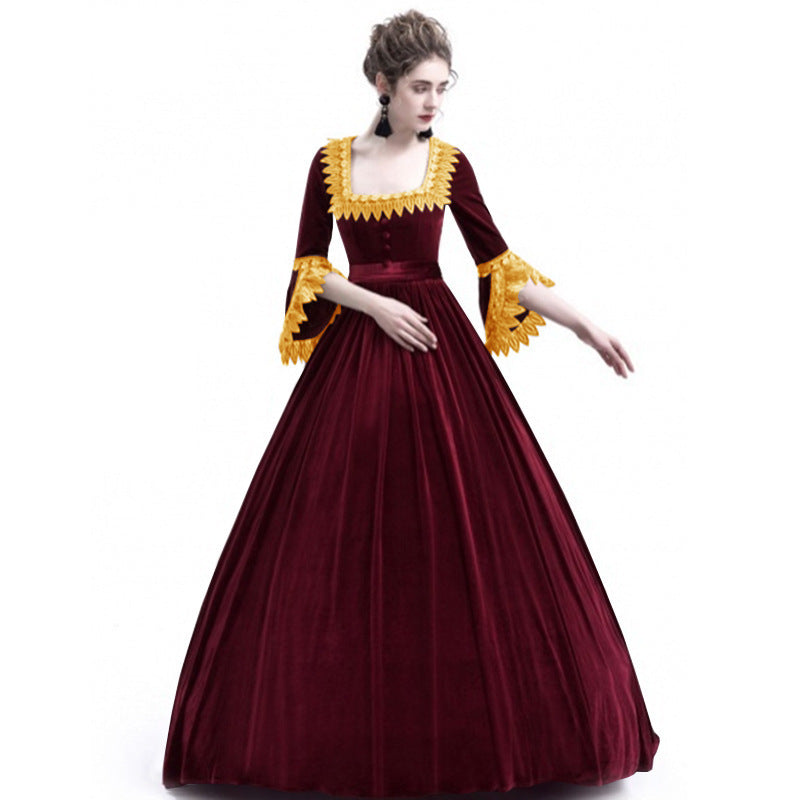 Women's Solid Color Medieval Court High Waist Long Dress Gown