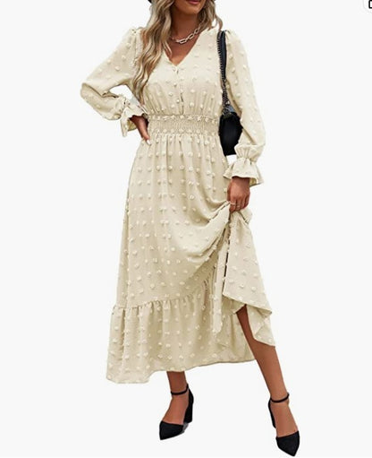 Bohemian Long Sleeve V-neck Polka Dot Dress