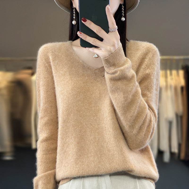 Women's Wool Sweater V-neck Autumn And Winter New Solid Color Loose-fitting Versatile Wool Loose Bottoming Shirt