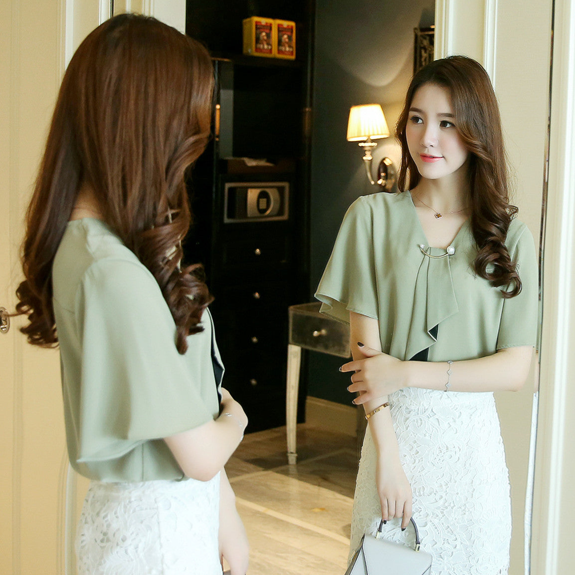 Pullover Chiffon Style Commuting Patchwork Solid Color Top