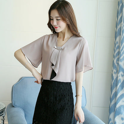 Pullover Chiffon Style Commuting Patchwork Solid Color Top