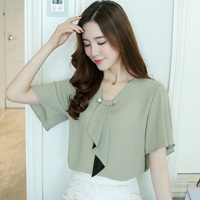 Pullover Chiffon Style Commuting Patchwork Solid Color Top