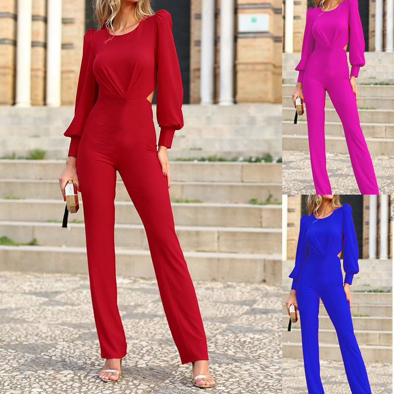 Women's Straight Round Neck Long Sleeve Backless Slim Fit Jumpsuit