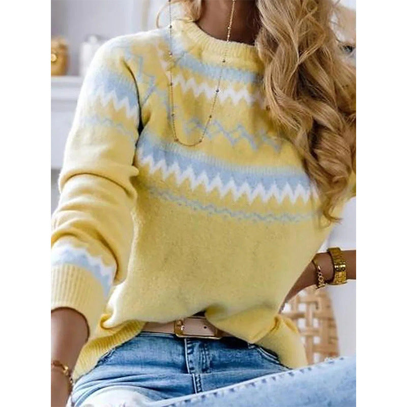 European And American Plus Size Women's Clothes Round Neck Pullover Stripe Sweater Sweater