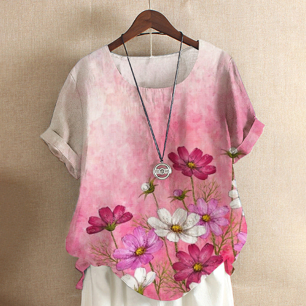 Short-sleeved T-shirt Flower And Plant Painting Printed Women's Loose Top