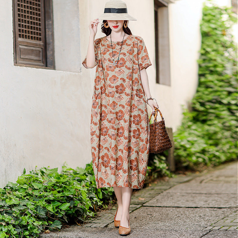 Vestido informal versátil de algodón y lino con estampado floral para mujer