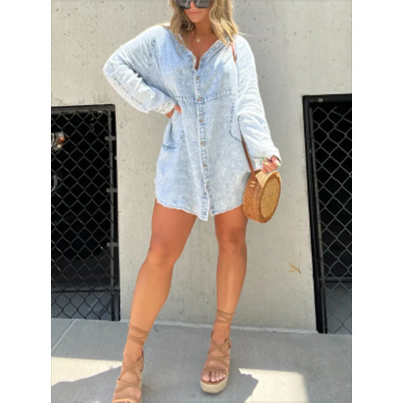 Robe chemise ample en denim délavé pour femme