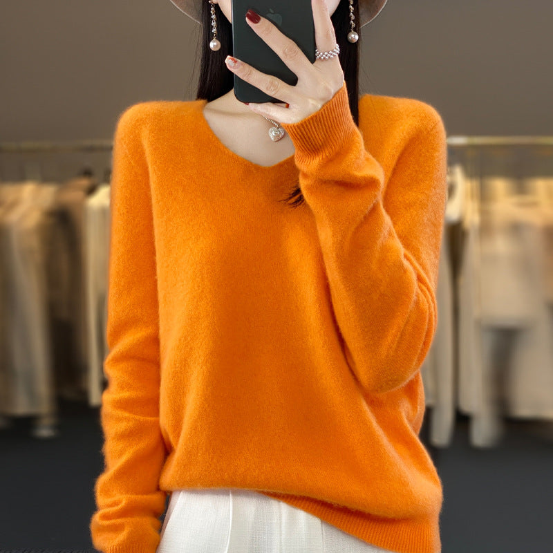 Women's Wool Sweater V-neck Autumn And Winter New Solid Color Loose-fitting Versatile Wool Loose Bottoming Shirt