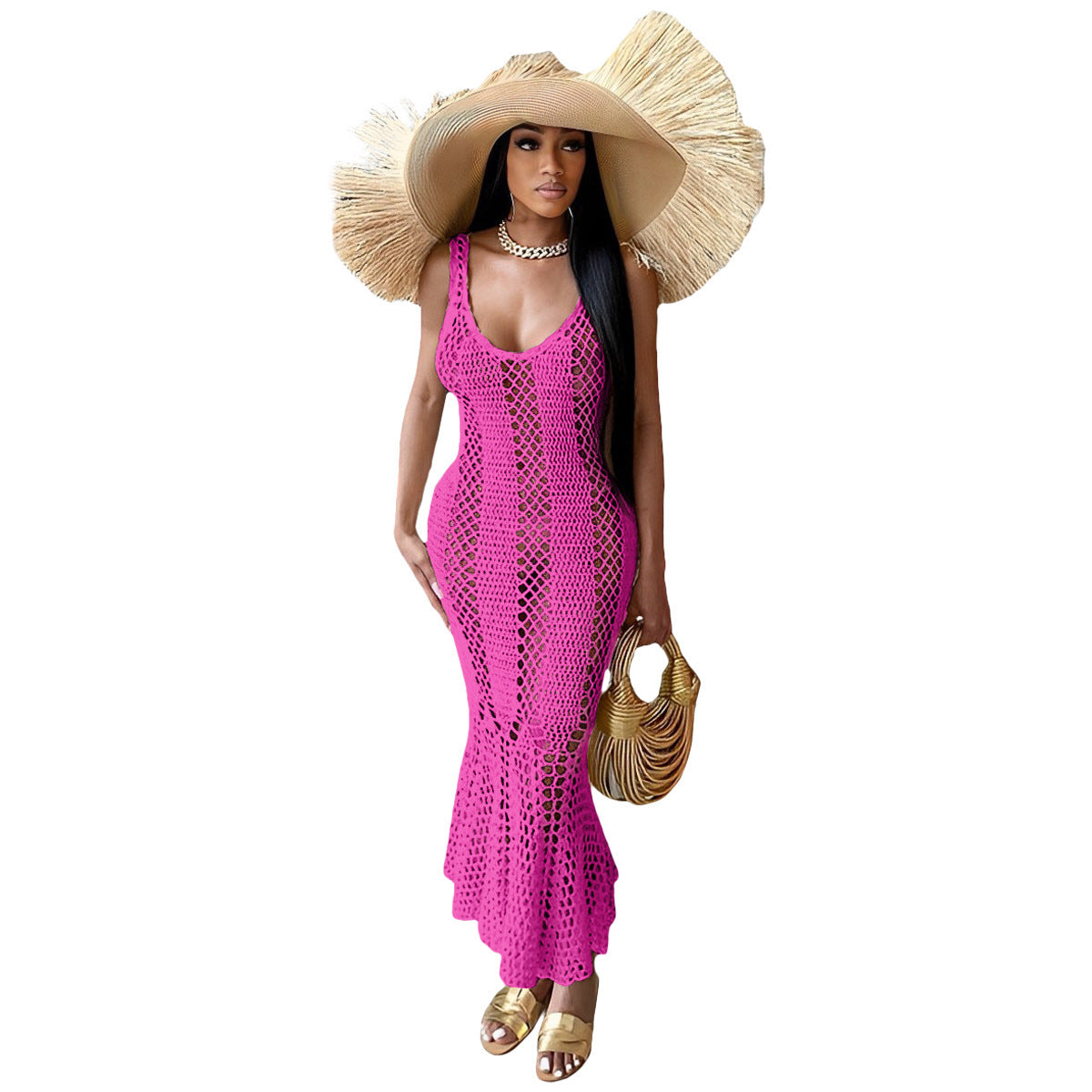 Women's Hollow Solid Color And V-neck Knitted Sleeveless Fishtail Dress